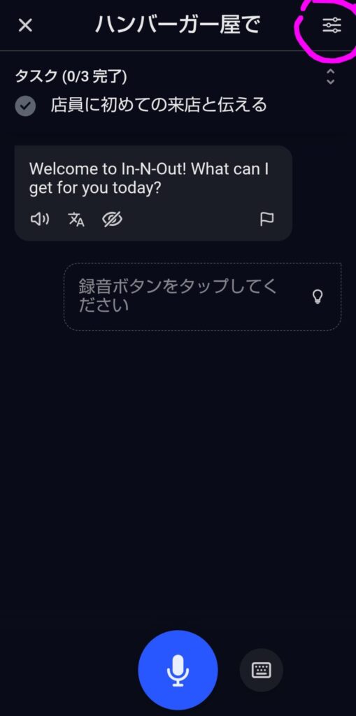 Speakのロールプレイ設定画面（初心者モードやヒントの表示などの調整が可能）