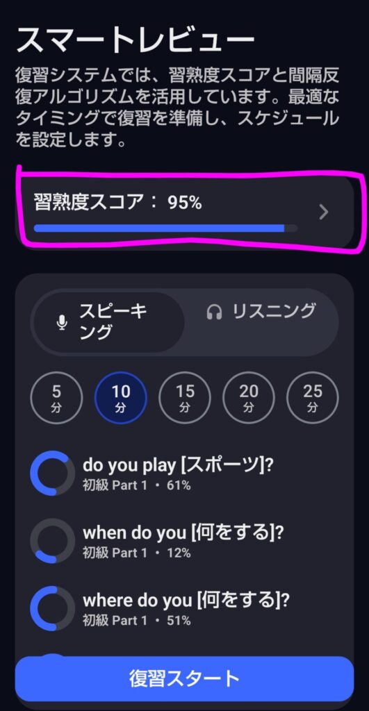 Speakのスマートレビュー画面。習熟度スコア95%が表示され、復習するコンセプトと5〜25分の復習時間が選べる