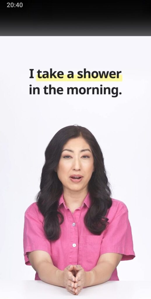 Speakのビデオレッスン画面。「I take a shower in the morning.(朝にシャワーを浴びます)」を学ぶ様子。20:40にレッスン開始