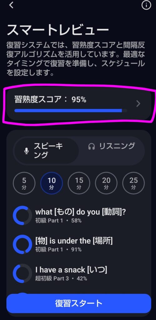 スピークのスマートレビュー画面。習熟度スコア95%と復習するコンセプトの一覧が表示されている(習熟度スコアとの付き合い方)