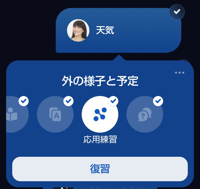 レッスンの中身が横に並び「応用練習」が選ばれているところ