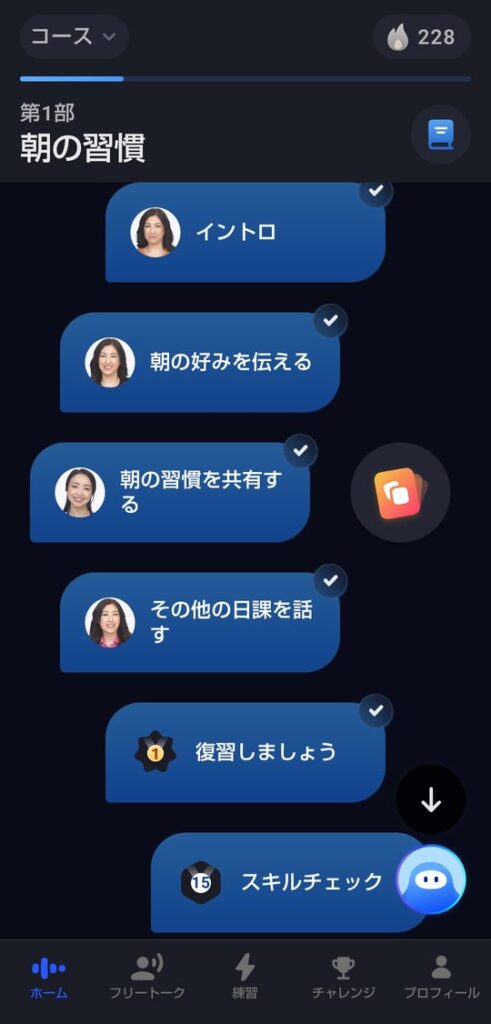 スピークの第1部「朝の習慣」に、イントロから復習・スキルチェックまで6つが縦に並んでいるところ