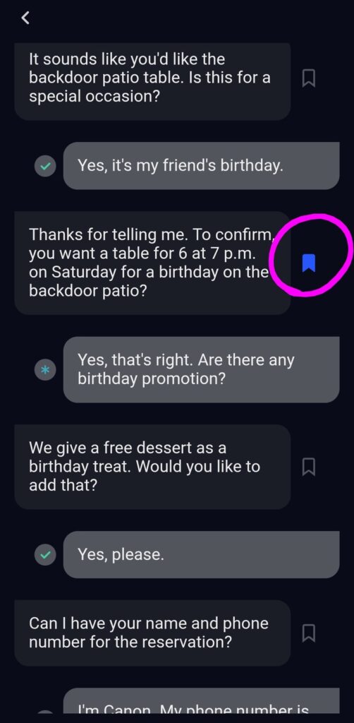 スピークの会話履歴を見返し、気になるAIの会話をしおりマークで保存する様子（STEP4）