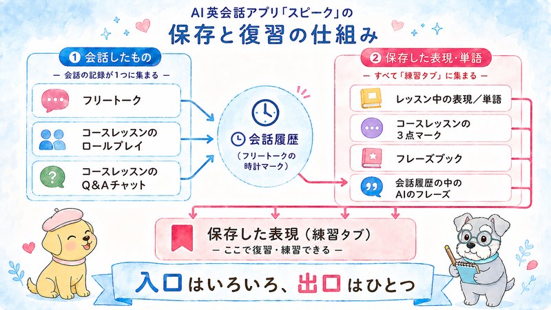 スピークの保存と復習の仕組みの図解。フリートーク・コースレッスンのロールプレイ・Q&Aチャットはすべて会話履歴に集まり、レッスン中の表現／単語・フレーズブック・3点マーク・会話履歴のAIのフレーズはすべて「練習」タブの保存した表現に集まる