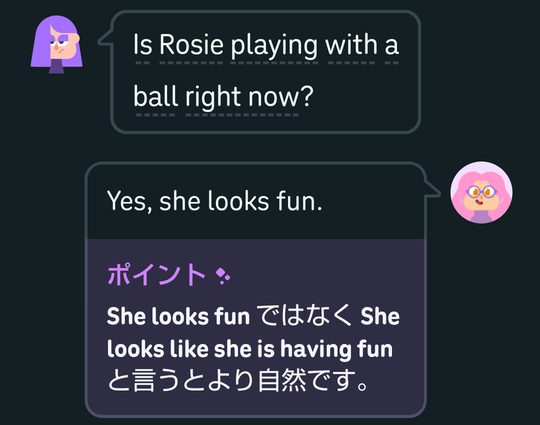 デュオリンゴのビデオ通話のあとの会話履歴。私の「Yes, she looks fun.」の下に、日本語のポイント「She looks fun ではなく She looks like she is having fun と言うとより自然です。」が表示されている