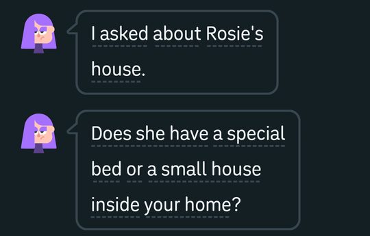 簡単すぎるを選んだあとのビデオ通話の会話履歴。リリーが「I asked about Rosie's house.」「Does she have a special bed or a small house inside your home?」と、前より長めの文で話している