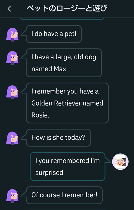 デュオリンゴのビデオ通話の会話履歴「ペットのロージーと遊び」。リリーが「I do have a pet!」「I have a large, old dog named Max.」「I remember you have a Golden Retriever named Rosie.」「How is she today?」と話し、私が「I you remembered I'm surprised」と答え、リリーが「Of course I remember!」と返している