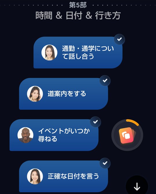 スピークのコース画面。第5部「時間＆日付＆行き方」に、通勤・通学について話し合う、道案内をする、イベントがいつか尋ねる、正確な日付を言う、のレッスンが順番に並び、すべて完了のチェックがついている
